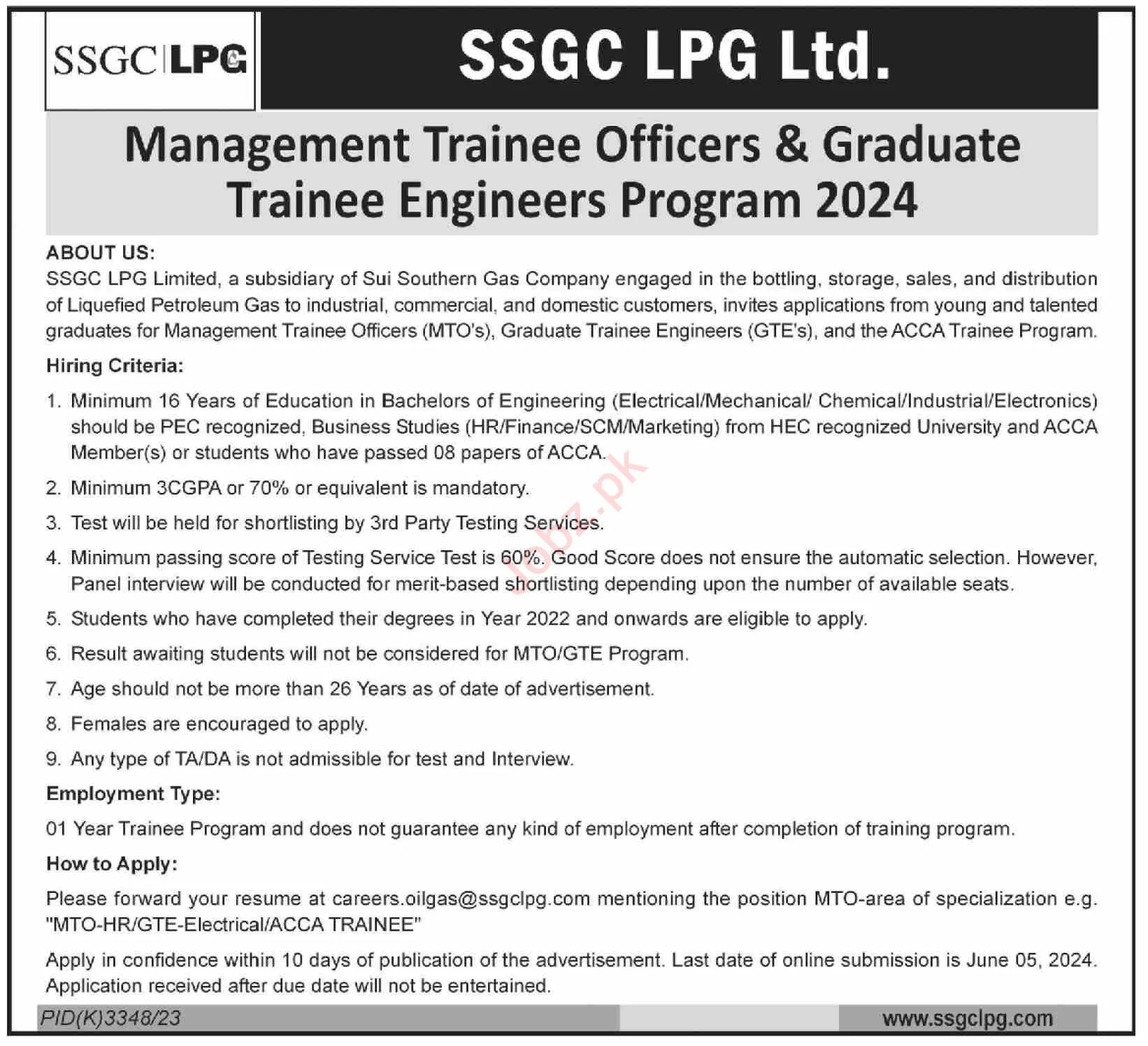 SSGC LPG Ltd. Management Trainee Officers & Graduate Trainee Engineers Program 2024