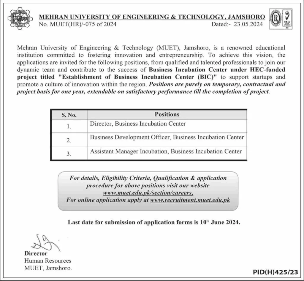 Mehran University of Engineering & Technology (MUET) Jamshoro Jobs 2024