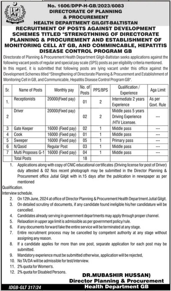 Directorate Of Planning & Procurement Gilgit Baltistan Jobs 2024