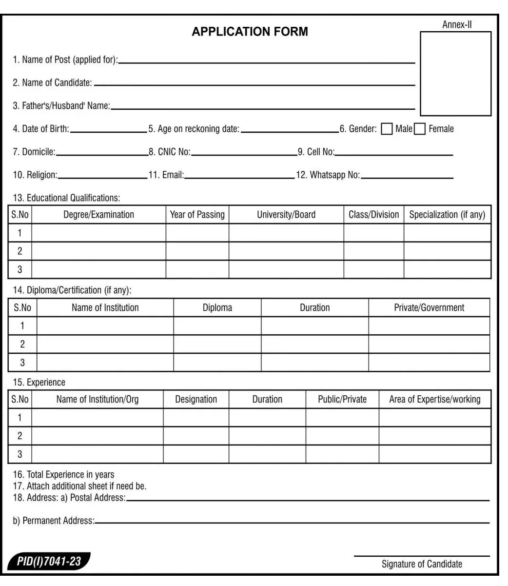 Application form of Public Sector Organization Jobs 2024 PO Box No. 551