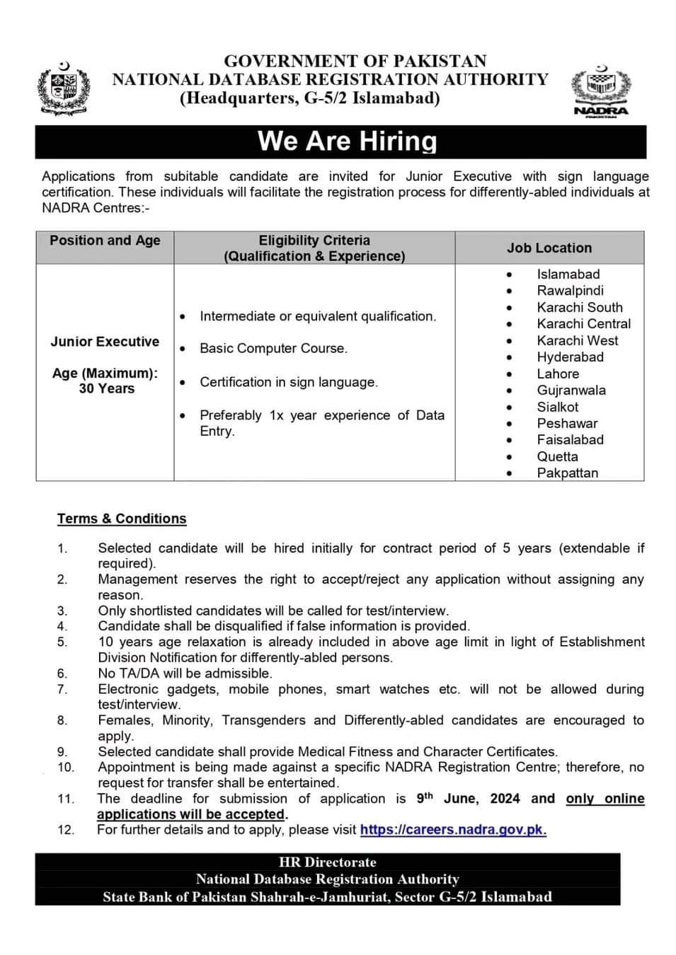 National Database and Registration Authority (NADRA) Jobs 2024