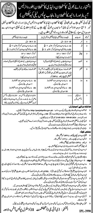 Punjab Police Application Form for Constables and Lady Constable (BPS-07) as Wireless Operator and Driver Constables PPTC 2024