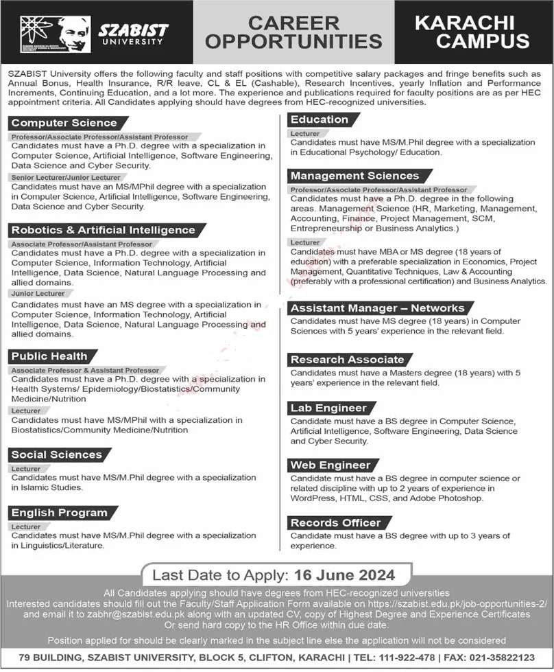 SZABIST University Karachi Campus Jobs 2024