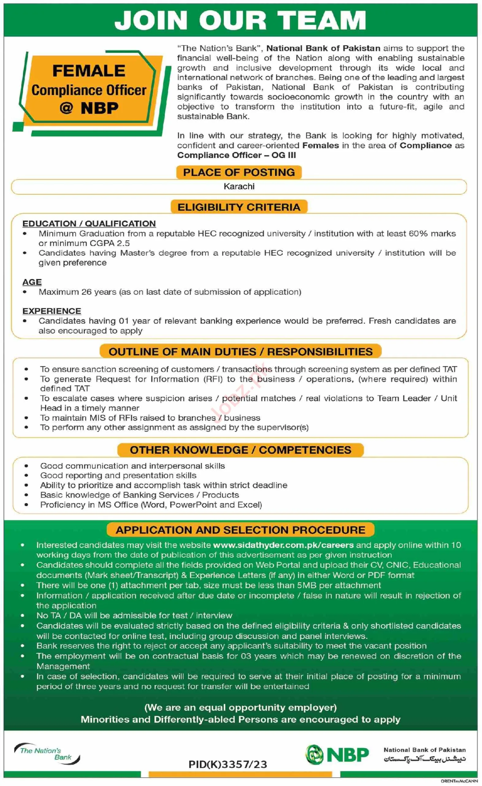 Compliance Officer at National Bank of Pakistan NBP Jobs 2024