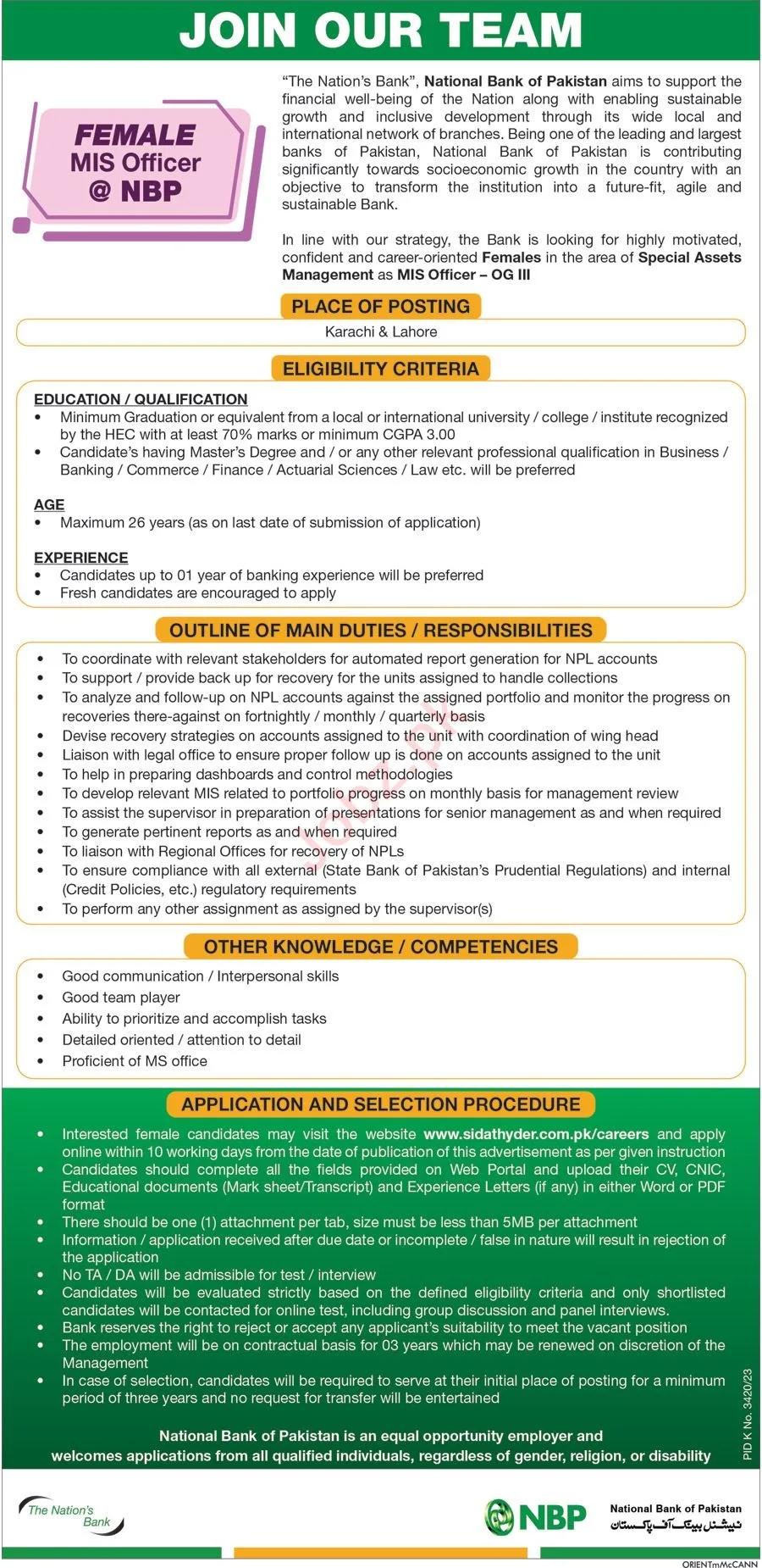 National Bank of Pakistan NBP Jobs 2024 for MIS Officer