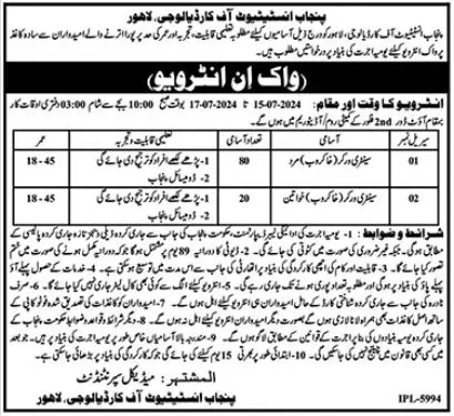 Punjab Institute Of Cardiology PIC Jobs 2024