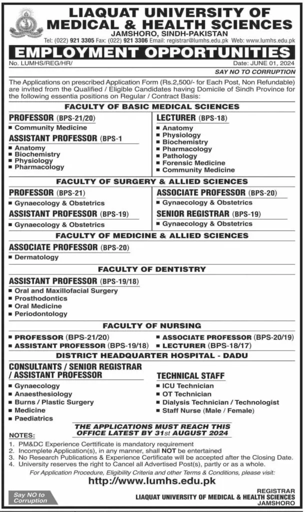 Employment Opportunities at Liaquat University of Medical & Health Sciences (LUMHS), Jamshoro