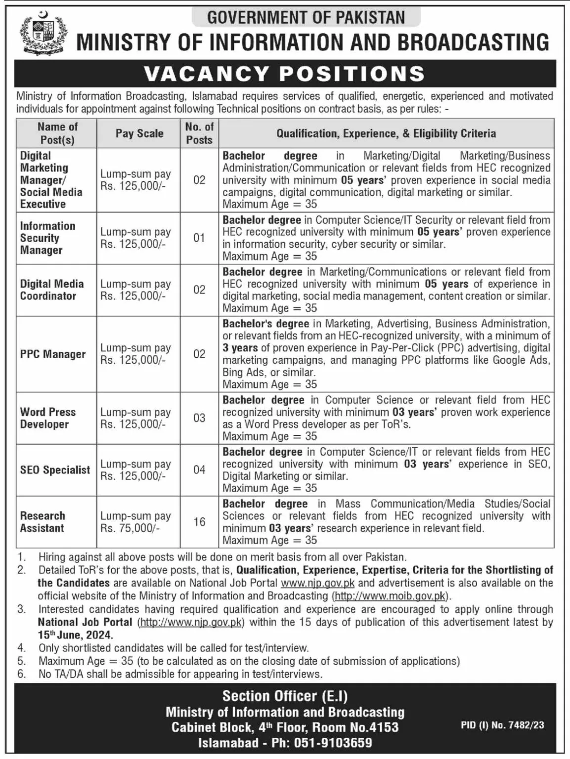 MINISTRY OF INFORMATION AND BROADCASTING MOIB Jobs 2024
