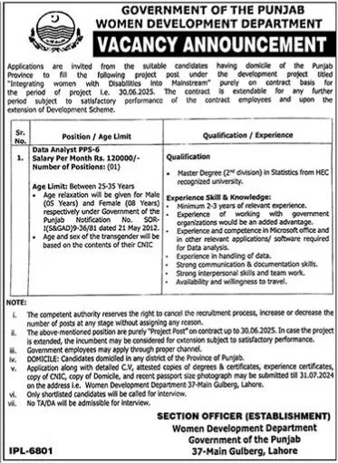 Women Development Department Jobs Lahore