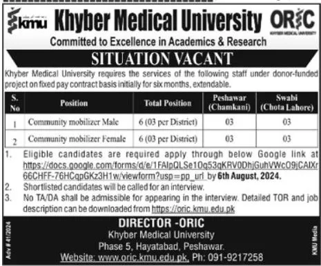 Kmu Khyber Medical University Peshawar Jobs 2024