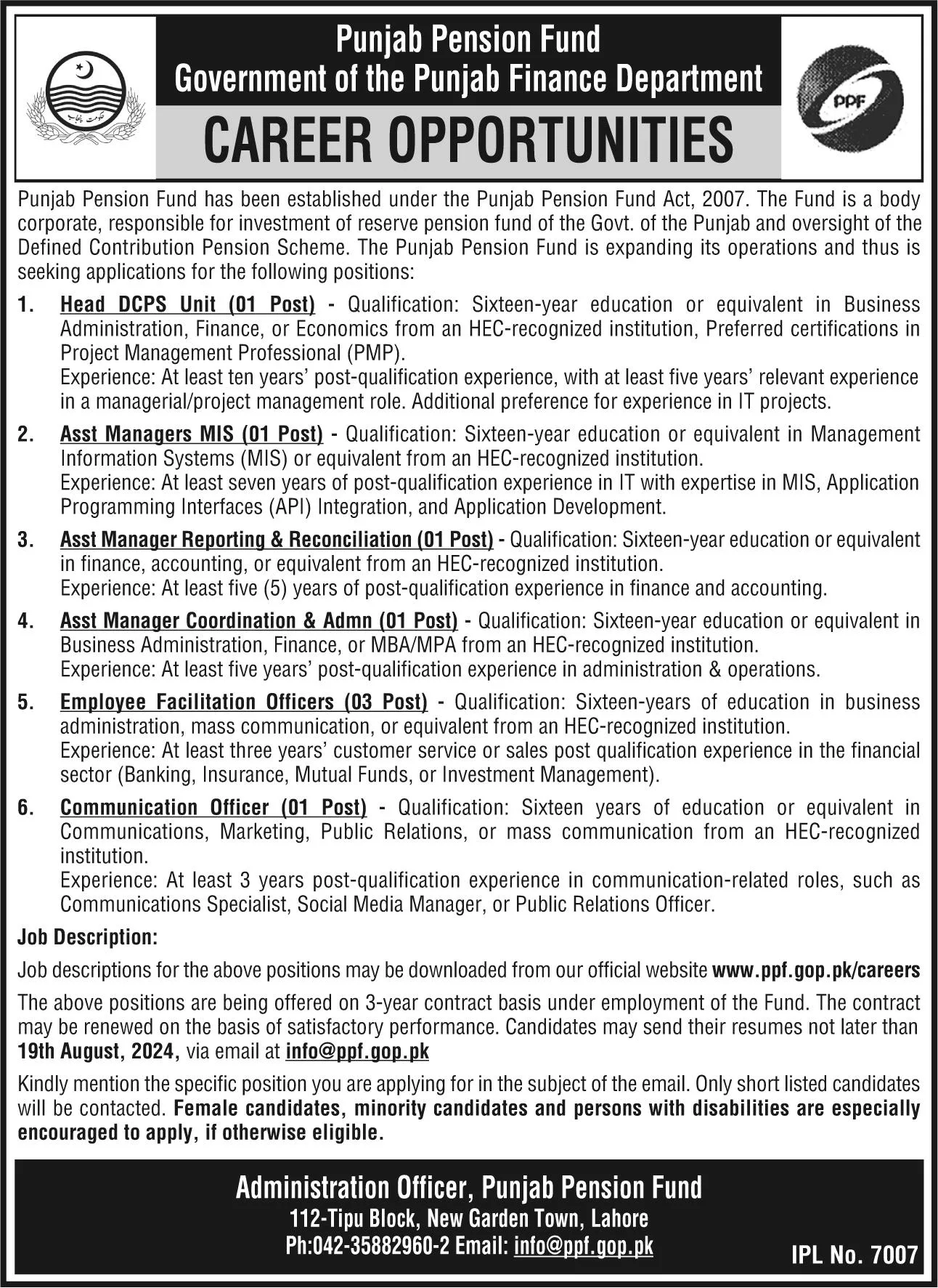 Govt Of Punjab Pension Fund Jobs 2024