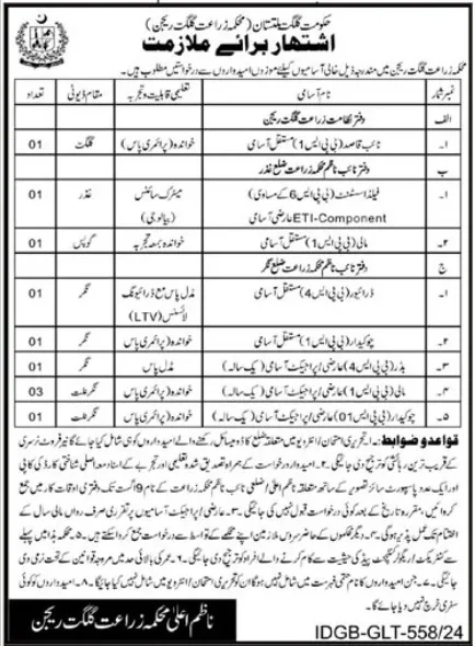 Agriculture Department Gilgit Baltistan Jobs 2024