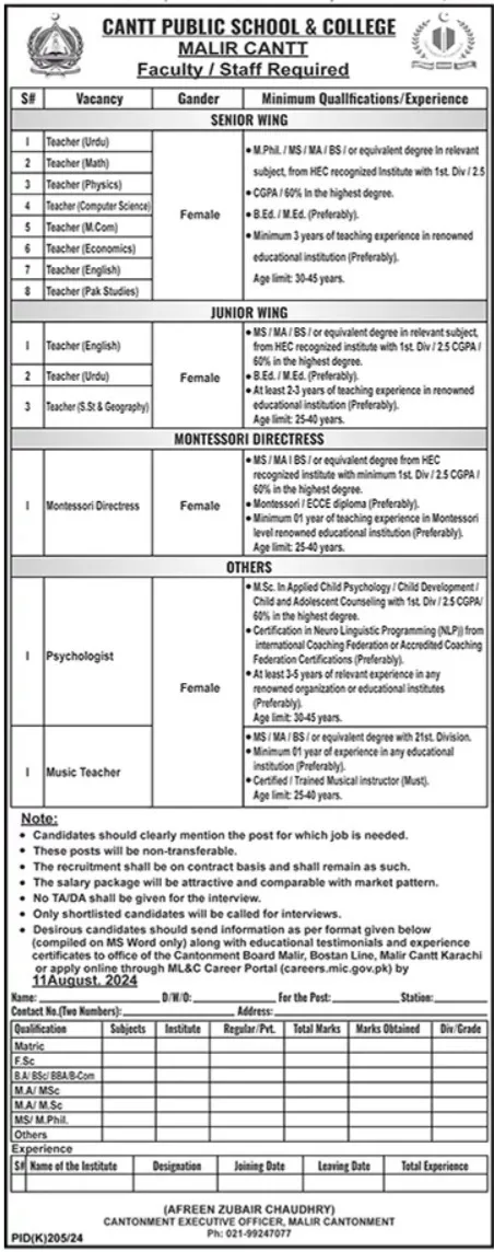 Cantt Public School &Amp; College Karachi Jobs 2024