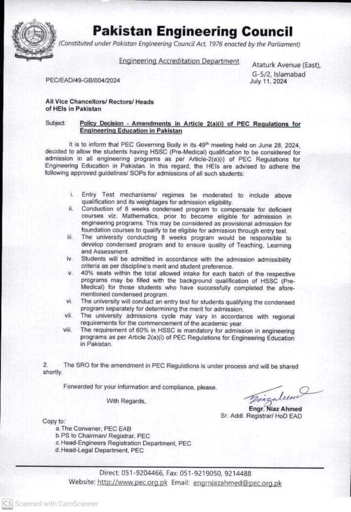 Pakistan Engineering Council Amends Regulations To Include Hssc (Pre-Medical) Students In Engineering Programs