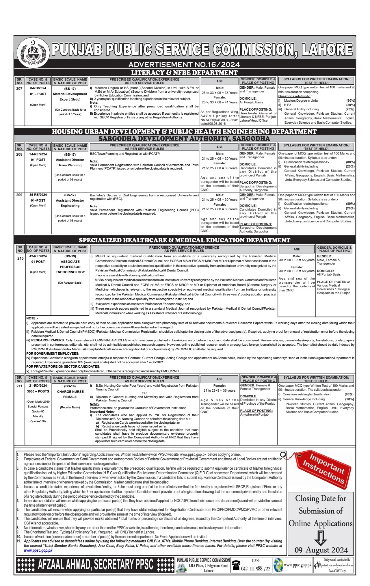 PPSC Jobs Advertisement No.162024 Online Apply