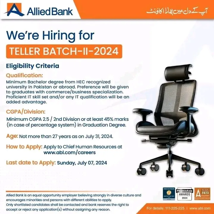 Allied Bank Teller Jobs Batch-II-2024