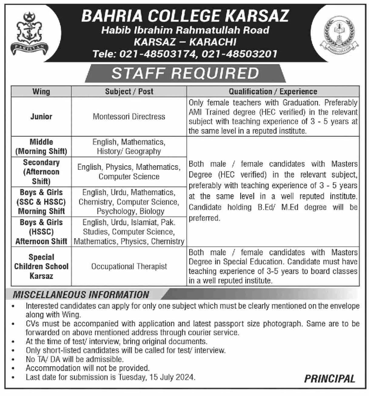 Bahria College Karsaz Teaching Jobs 2024 Karachi