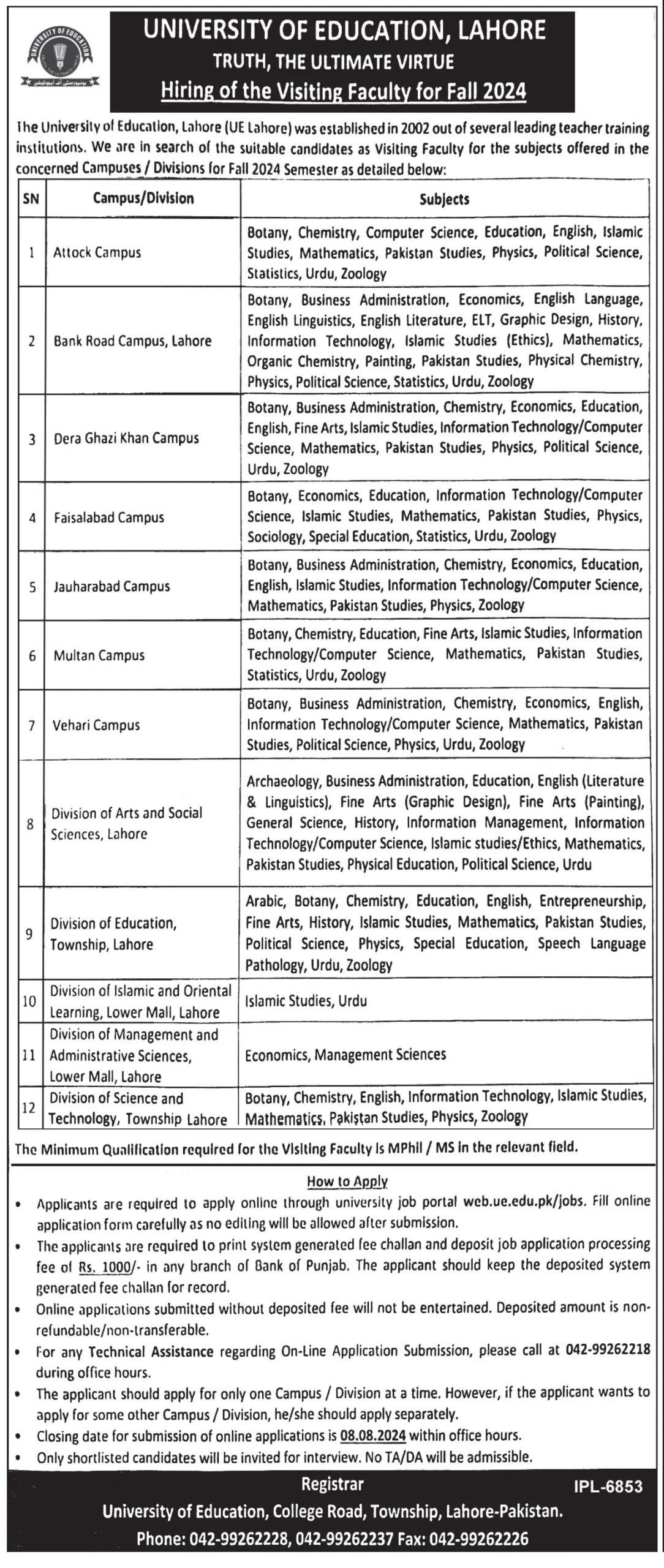 University Of Education Jobs In Lahore