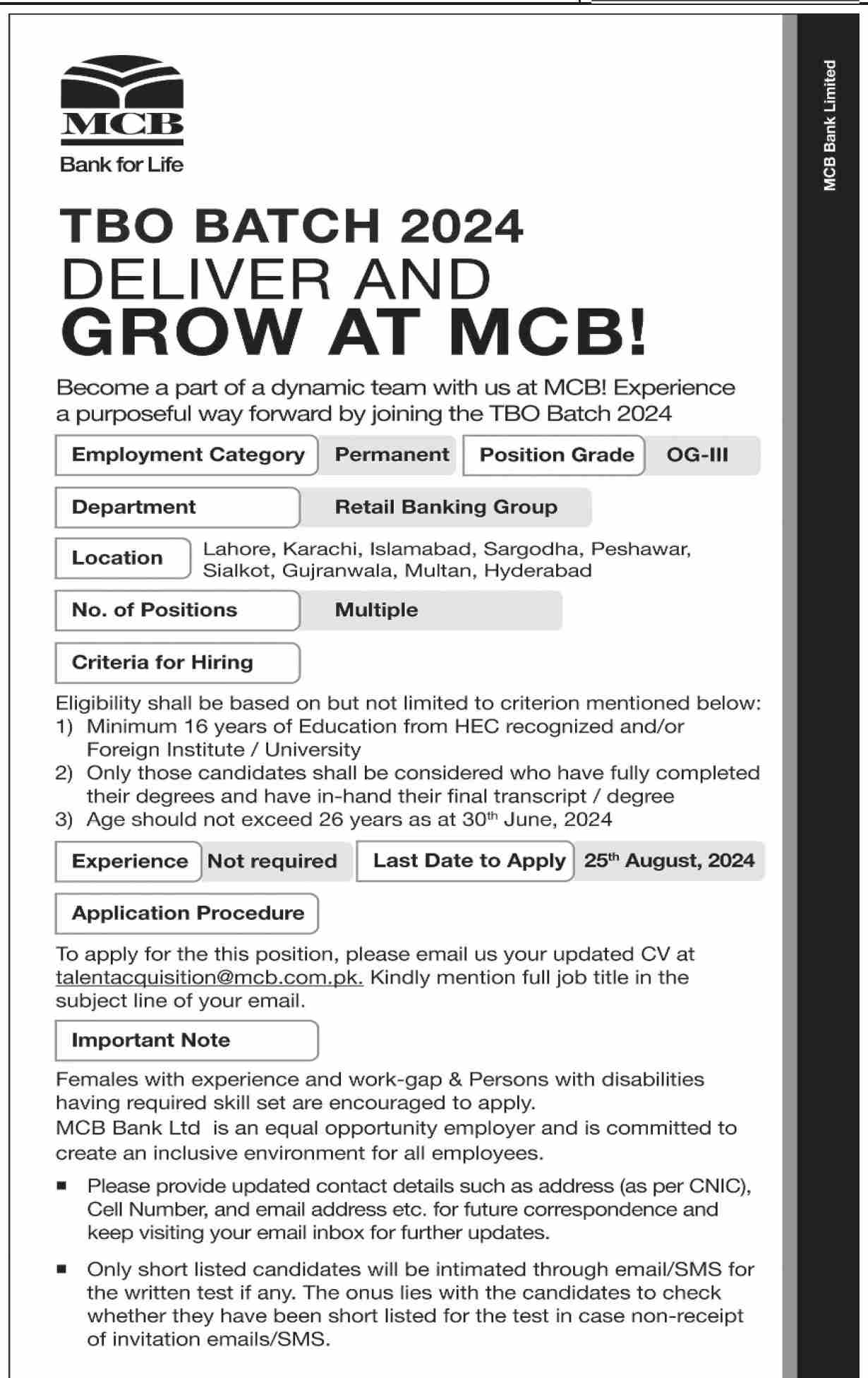 Join Mcb Bank Limited Tbo Batch 2024