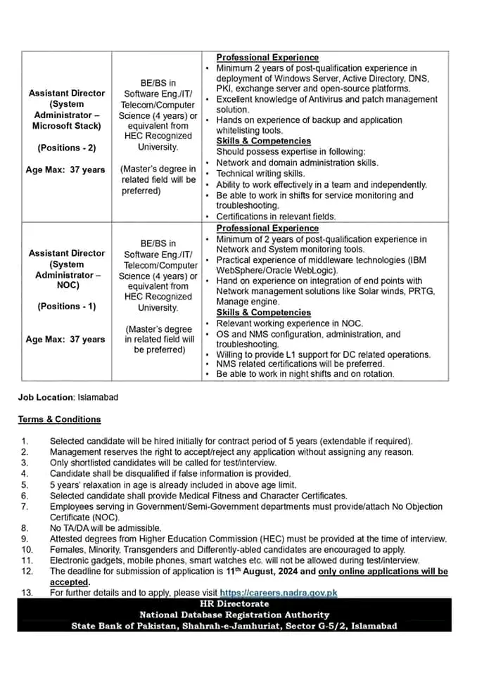 National Database and Registration Authority (NADRA) Jobs Islamabad 2024