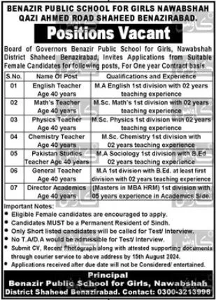 Benazir Public School for Girls Nawabshah Jobs 2024